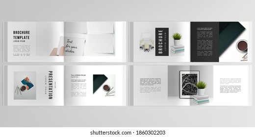 Vector layouts of horizontal presentation design templates for landscape design brochure, cover design, flyer, book design, magazine. Home office concept, study or freelance, working from home.