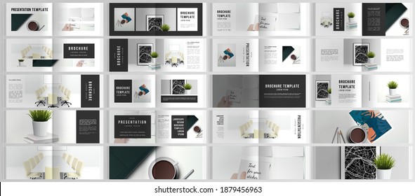 Vector layouts of horizontal presentation design templates for landscape design brochure, cover design, flyer, book design, magazine. Home office concept, study or freelance, working from home.