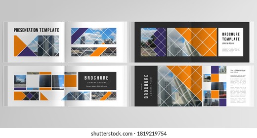 Vector layouts of horizontal presentation templates for landscape design brochure, cover design, book design, magazine. Abstract design project in geometric style with squares and place for photo.