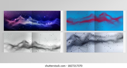 Vector layouts of horizontal presentation templates for landscape design brochure, cover design, flyer, book. Colorful wavy particle surface background for technology or science cyber space concept.