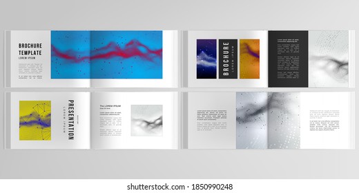 Vector layouts of horizontal presentation templates for landscape design brochure, cover design, flyer, book. Colorful wavy particle surface background for technology or science cyber space concept.