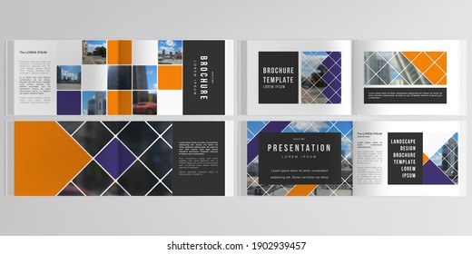 Diseños vectoriales de plantillas de presentación horizontal para folletos de diseño paisajístico, diseño de portadas, diseño de libros, revista. Proyecto de diseño abstracto de estilo geométrico con cuadrados y lugar para la foto.