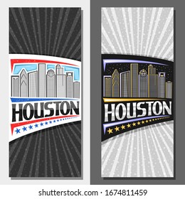 Vector layouts for Houston, decorative leaflet with line illustration of contemporary houston city scape on day and dusk sky background, art design tourist card with creative letters for word houston.