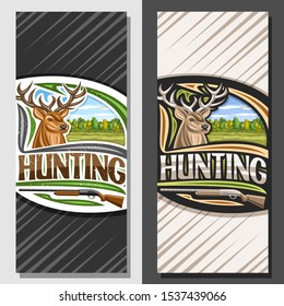 Vector layouts for Hunting, decorative leaflet with illustration of white-tailed deer head on autumn trees background, original typeface for word hunting and old rifle, vertical concept for hunt club.
