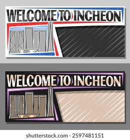 Vector layouts for Incheon with copy space, decorative ticket with line illustration of incheon city scape on day and nighttime sky background, art design tourist card with words welcome to incheon