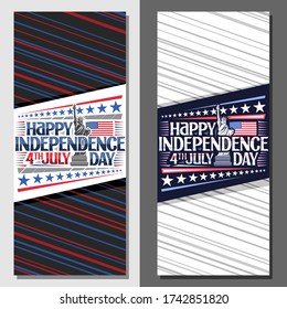 Vector layouts for Independence Day with copy space, decorative card with art illustration Statue of Liberty and flag of USA, unique letters for words independence day, 4th july on striped background.