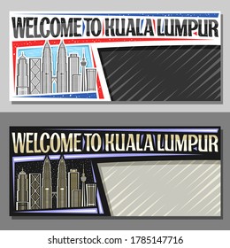 Vector layouts for Kuala Lumpur, decorative voucher with illustration of modern kuala lumpur city scape on day and dusk sky background, art design tourist coupon with words welcome to kuala lumpur.