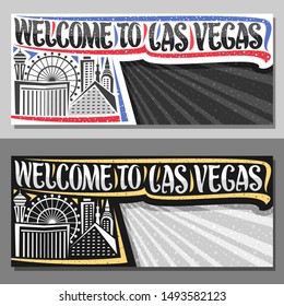 Vector layouts for Las Vegas with copy space, decorative sign board with illustration of skyscrapers and ferris wheel, creative typeface for words welcome to las vegas on rays of light background.