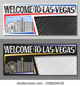 Vector layouts for Las Vegas with copy space, decorative voucher with line illustration of american city scape on day and dusk sky background, art design tourist coupon with words welcome to las vegas