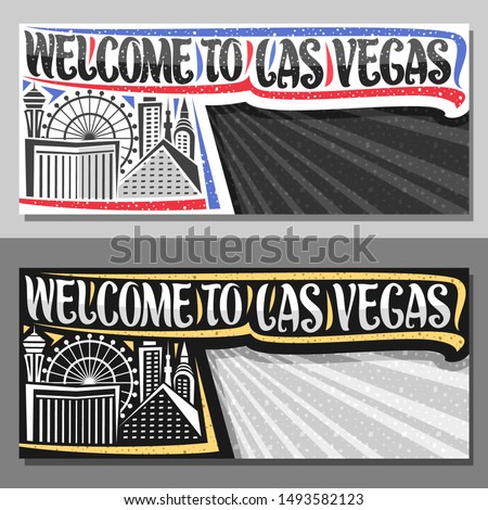Vector layouts for Las Vegas with copy space, decorative sign board with illustration of skyscrapers and ferris wheel, creative typeface for words welcome to las vegas on rays of light background.