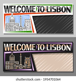 Vector layouts for Lisbon with copy space, decorative voucher with outline illustration of lisbon city scape on day and nighttime sky background, art design tourist coupon with words welcome to lisbon