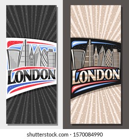 Vector layouts for London, decorative tourist brochure with art draw of cartoon office skyscrapers in capital of United Kingdom, invitation with original script for word london on abstract background.