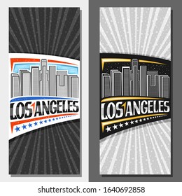 Vector layouts for Los Angeles, decorative leaflet with black and white line illustration of modern cityscape on sky background, tourist card with brush letters for words los angeles and stars in row.