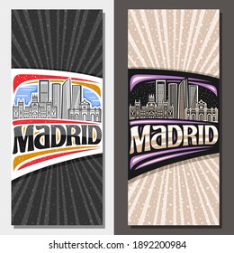 Vector layouts for Madrid, decorative leaflet with draw illustration of famous madrid landmarks at day and evening, posters with original brush typeface for word madrid on grey abstract background.