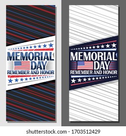 Vector layouts for Memorial Day with copy space, decorative leaflet with national red and white striped flag of Usa and creative typeface for words memorial day and message remember and honor on blue.