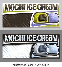 Vector layouts for Mochi Ice Cream with copy space, decorative invitation with illustration of variety japanese ice creams, brush typeface for words mochi ice cream, sign board for asian patisserie.	