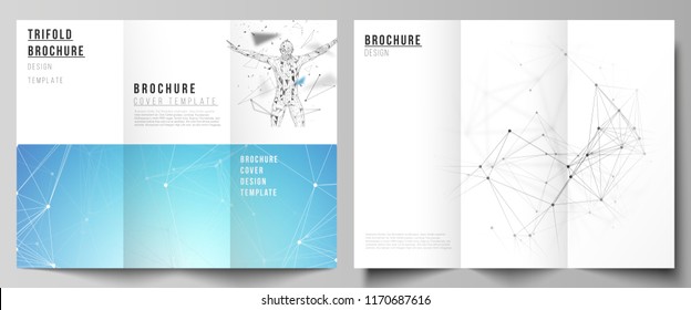 The vector layouts of modern creative covers design templates for trifold brochure or flyer. Technology, science, medical concept. Molecule structure, connecting lines and dots. Futuristic background