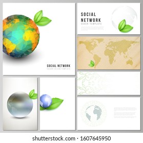 Vector layouts of modern social network mockups in popular formats for cover design, website design, website backgrounds. Save Earth planet concept. Sustainable development global business concept.