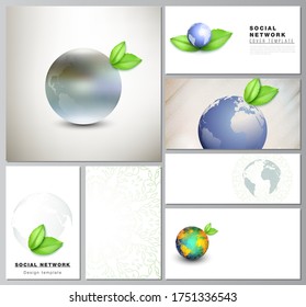 Vector layouts of modern social network mockups in popular formats for cover design, website design, website backgrounds. Save Earth planet concept. Sustainable development global business concept