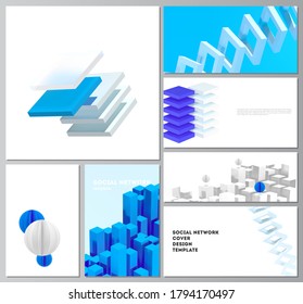 Vector layouts of modern social network mockup for cover design, website design, website backgrounds or advertising. 3d render vector composition with dynamic realistic geometric blue shapes in motion