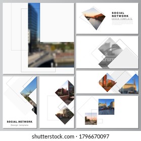 Vector layouts of modern social network mockups in popular formats with geometric simple shapes, lines and photo place for cover design, website design, website backgrounds or advertising mockups.