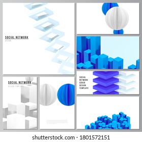Vector layouts of modern social network mockup for cover design, website design, website backgrounds or advertising. 3d render vector composition with dynamic realistic geometric blue shapes in motion