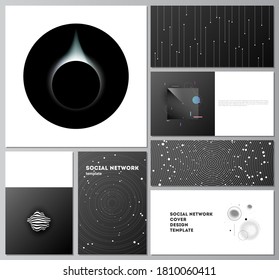 Vector layouts of modern social network mockups in popular formats for cover design, website design, website backgrounds or advertising mockups. Tech science future background, space astronomy concept