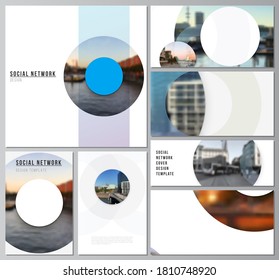 Diseños vectoriales de modernas maquetas de redes sociales para diseño de portadas, diseño de sitios web, fondos de sitios web o maquetas publicitarias. Plantilla de fondo con rondas, círculos para TI, tecnología. Estilo mínimo