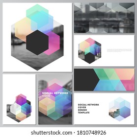 Vector layouts of modern social network mockups in popular formats with colorful hexagons, geometric shapes, tech background for cover design, website design, website background or advertising mockups