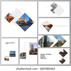 Vector layouts of modern social network mockups in popular formats with geometric simple shapes, lines and photo place for cover design, website design, website backgrounds or advertising mockups.