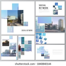 Vector layouts of modern social network mockups for cover design, website design, website backgrounds or advertising mockups. Abstract design project in geometric style with blue squares.