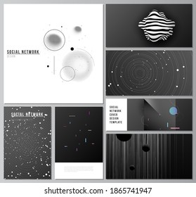 Vector layouts of modern social network mockups in popular formats for cover design, website design, website backgrounds or advertising mockups. Tech science future background, space astronomy concept