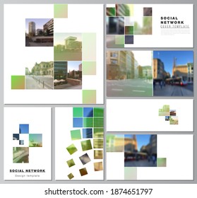 Vector layouts of modern social network mockup in popular formats for cover design, website design, website backgrounds or advertising. Abstract project with clipping mask green squares for your photo