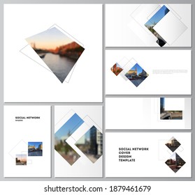 Vector layouts of modern social network mockups in popular formats with geometric simple shapes, lines and photo place for cover design, website design, website backgrounds or advertising mockups.