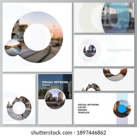 Vector layouts of modern social network mockups for cover design, website design, website backgrounds or advertising mockups. Background template with rounds, circles for IT, technology. Minimal style