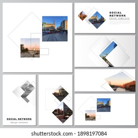 Diseños vectoriales de modernas maquetas de redes sociales en formatos populares con formas geométricas simples, líneas y lugar de fotos para diseño de portada, diseño de sitios web, fondos de sitios web o maquetas publicitarias.