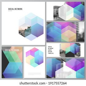 Vector layouts of modern social network mockups in popular formats with colorful hexagons, geometric shapes, tech background for cover design, website design, website background or advertising mockups