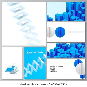 Vector layouts of modern social network mockup for cover design, website design, website backgrounds or advertising. 3d render vector composition with dynamic realistic geometric blue shapes in motion