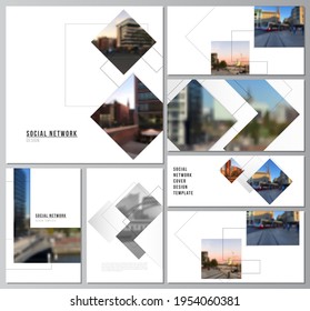 Vector layouts of modern social network mockups in popular formats with geometric simple shapes, lines and photo place for cover design, website design, website backgrounds or advertising mockups.