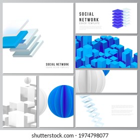 Vector layouts of modern social network mockup for cover design, website design, website backgrounds or advertising. 3d render vector composition with dynamic realistic geometric blue shapes in motion