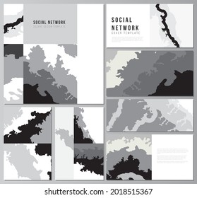 Vector layouts of modern social network mockups in popular formats for cover design, website design, website backgrounds, advertising. Landscape background decoration, halftone pattern grunge texture
