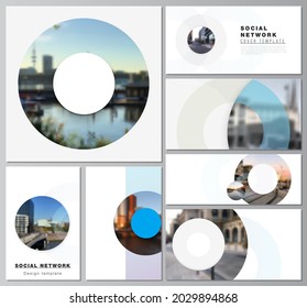 Diseños vectoriales de modernas maquetas de redes sociales para diseño de portadas, diseño de sitios web, fondos de sitios web o maquetas publicitarias. Plantilla de fondo con rondas, círculos para TI, tecnología. Estilo mínimo