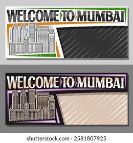 Vector layouts for Mumbai with copy space, decorative ticket with line illustration of urban mumbai city scape on day and nighttime sky background, art design tourist card with words welcome to mumbai