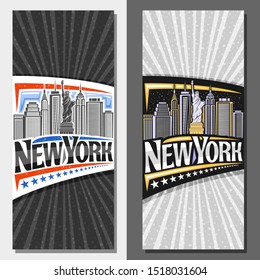 Vector layouts for New York City, decorative flyer with illustration of statue of Liberty on background of NY skyline at dusk, NYC art concept with original typeface for words new york and stars row.