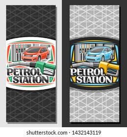 Vector layouts for Petrol Station, decorative cards with red and blue cartoon cars, filling gasoline, automatic fuel pump nozzle, original lettering for words petrol station on grey cells background.