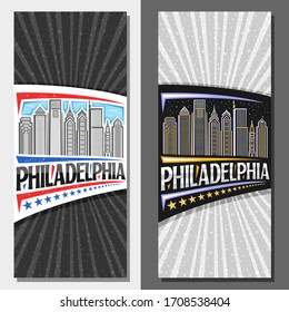 Vektorillustration-Layouts für Philadelphia, dekorative Broschüre mit einer Liniengrafik des modernen philadelphia-Stadtbildes auf dunklem Himmelshintergrund, Kunsthandwerkskarte mit einzigartigen Buchstaben für das Wort philadelphia.