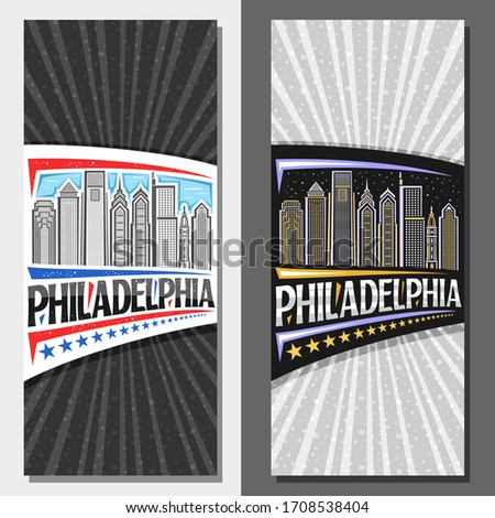 Vector layouts for Philadelphia, decorative leaflet with line illustration of modern philadelphia city scape on dusk sky background, art design tourist card with unique letters for word philadelphia.