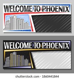 Vector layouts for Phoenix with copy space, decorative voucher with illustration of famous phoenix city scape on day and dusk sky background, art design tourist coupon with words welcome to phoenix.