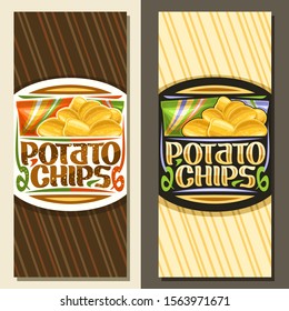 Vector layouts for Potato Chips with copy space, decorative coupon with illustration of heap crispy potatoes and 2 plastic packs, original lettering for words potato chips on striped background.	