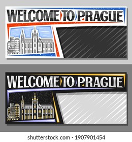 Vector layouts for Prague with copy space, decorative voucher with illustration of urban prague city scape on day and dusk sky background, art design tourist coupon with words welcome to prague.